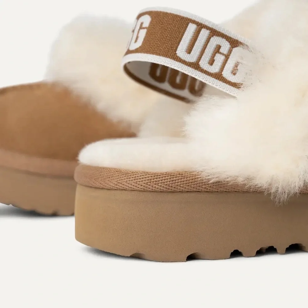 UGG Women's Chestnut/Tan Fluff Slide with Shearling Strap